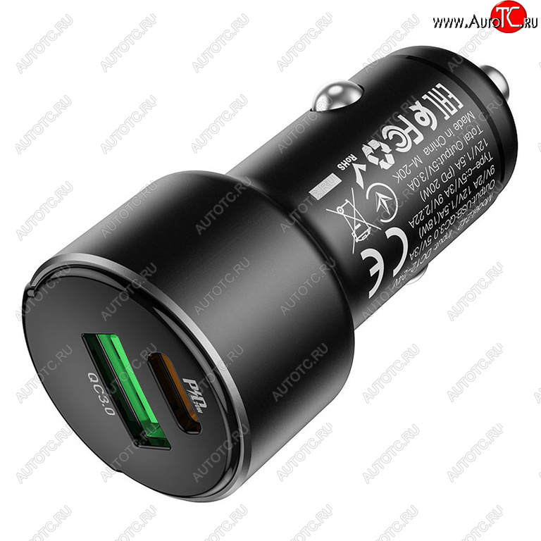 649 р. Устройство зарядное в прикуриватель 1USB + 1 Type C 12V черное HOCO HOCO z42 black  с доставкой в г. Кемерово