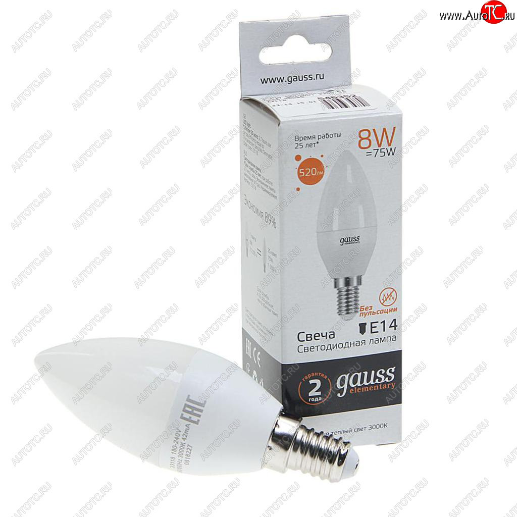 143 р. Лампа светодиодная E14 C37 8W(70W) 220V теплый GAUSS GAUSS 33118  с доставкой в г. Кемерово