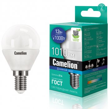 182 р. Лампа светодиодная E14 G45 12W (100W) 220V холодный CAMELION CAMELION c-led12-g45865e14  с доставкой в г. Кемерово. Увеличить фотографию 1
