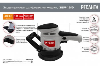 4 299 р. Машина шлифовальная эксцентриковая 450Вт 125мм 4000-13000обмин. (пылесборник) РЕСАНТА РЕСАНТА эшм-125э  с доставкой в г. Кемерово. Увеличить фотографию 5