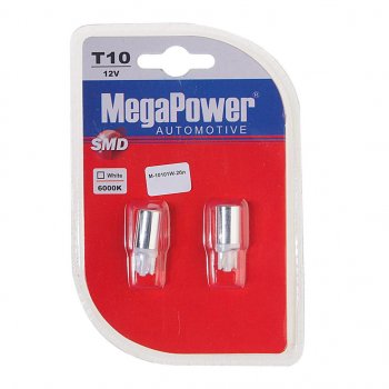 62 р. Лампа светодиодная 12V W5W T10 W2.1x9.5d 6000K блистер (2шт.) MEGAPOWER MEGAPOWER-AUTOMOTIVE 10101w-2бл  с доставкой в г. Кемерово. Увеличить фотографию 1
