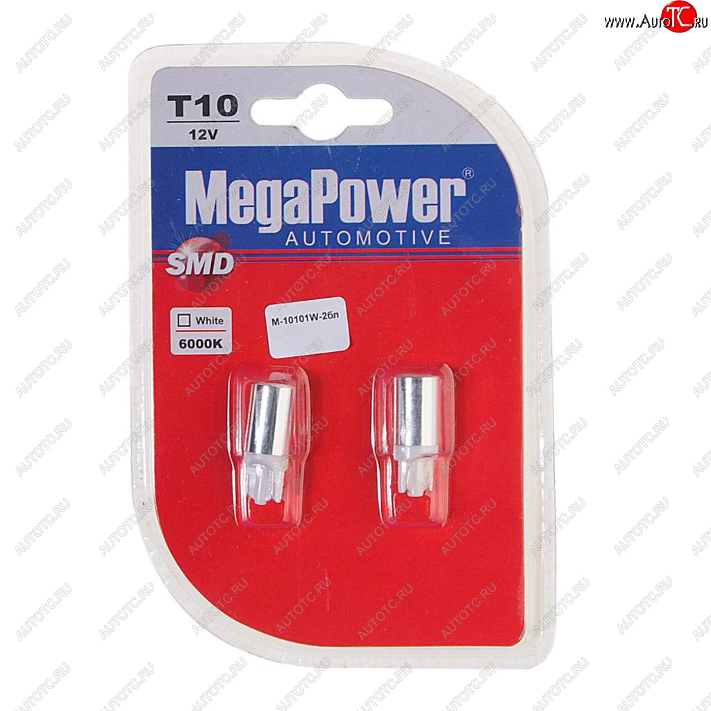 62 р. Лампа светодиодная 12V W5W T10 W2.1x9.5d 6000K блистер (2шт.) MEGAPOWER MEGAPOWER-AUTOMOTIVE 10101w-2бл  с доставкой в г. Кемерово