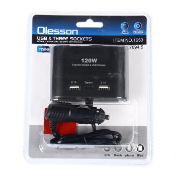 439 р. Разветвитель прикуривателя 3-х гнездовой 12-24V 3USB OLESSON OLESSON no.1653  с доставкой в г. Кемерово. Увеличить фотографию 1