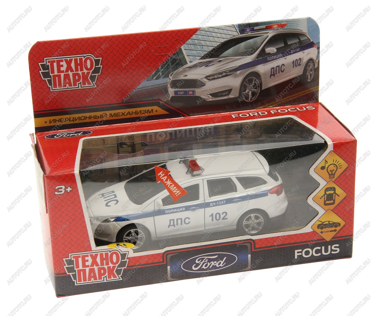 1 539 р. Модель автомобиля FORD Focus металлическая (свет, звук) ТЕХНОПАРК ТЕХНОПАРК focus-12slpol-wh  с доставкой в г. Кемерово