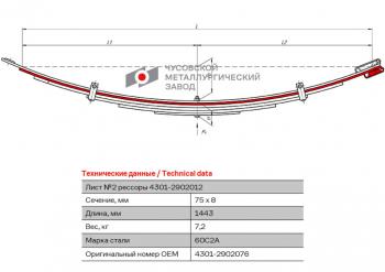 2 899 р. Лист рессоры ГАЗ-4301 передней №2 L=1443мм ЧМЗ ЧМЗ 4301-2902076  с доставкой в г. Кемерово. Увеличить фотографию 1