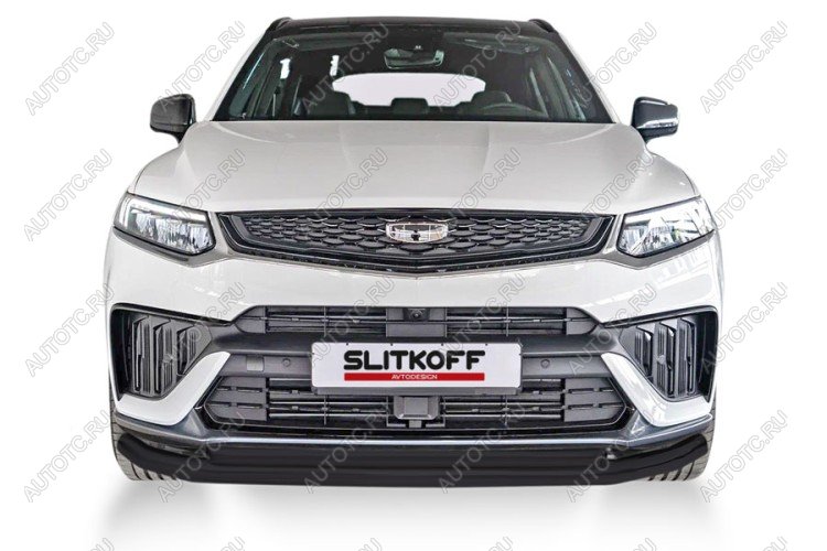 10 699 р. Защита переднего бампера d57+d57 двойная Slitkoff Geely Tugella FY11,HPBA4 рестайлинг (2022-2025) ( Сталь с полимерным покрытием в цвет черный)  с доставкой в г. Кемерово
