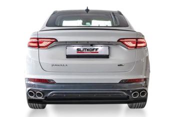 Защита заднего бампера d57+d57 двойная Slitkoff Geely Tugella  FY11,HPBA4 (2022-2025) рестайлинг (Сталь с полимерным покрытием в цвет черный)