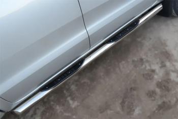 Пороги труба с накладками (d76) SLITKOFF Volkswagen Touareg  NF (2010-2014) дорестайлинг (нержавейка, торцы - срез под 45 градусов)