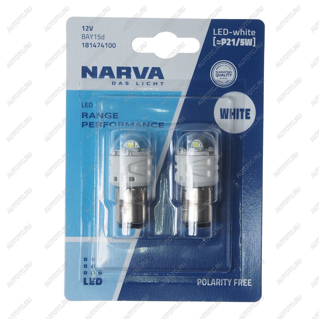 1 069 р. Лампа светодиодная 12V P21/5W BAY15d блистер (2шт.) LED NARVA NARVA 18147-2бл NARVA 18147-2бл  с доставкой в г. Кемерово