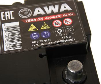 10 999 р. Аккумулятор AWA PRO 75Ач обратная полярность AWA 6ст75(0)  с доставкой в г. Кемерово. Увеличить фотографию 2