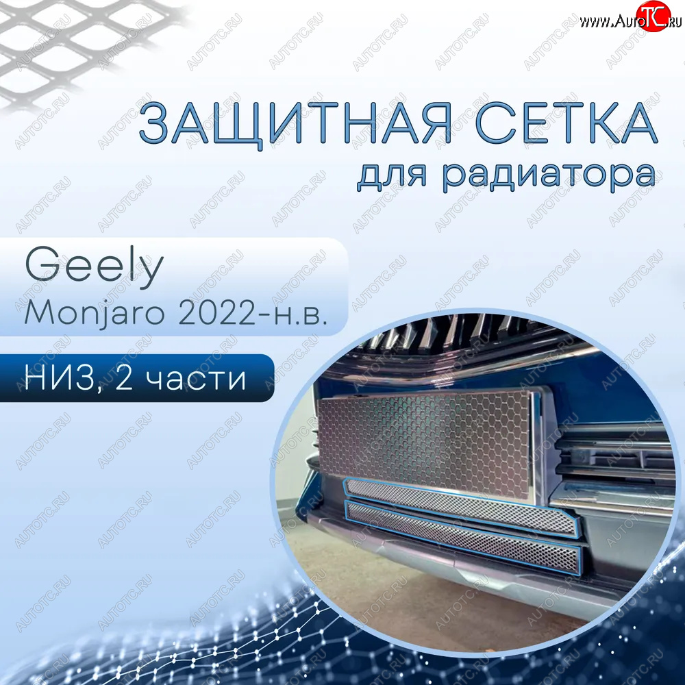 3 299 р. Защитная сетка в бампер (низ, 2 части, ячейка 3х7 мм) Alfeco Стандарт  Geely Monjaro (2022-2025) (Хром)  с доставкой в г. Кемерово