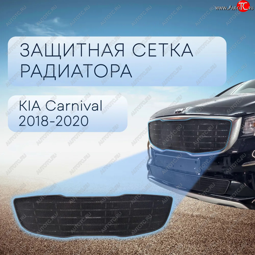 3 999 р. Защитная сетка в бампер (верх, ячейка 3х7 мм) Alfeco Стандарт  KIA Carnival  YP (2018-2020) минивэн рестайлинг (Чёрная)  с доставкой в г. Кемерово