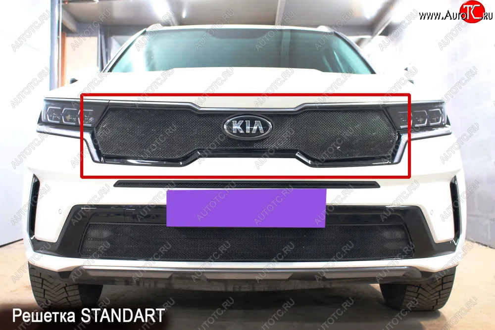 3 799 р. Защитная сетка в бампер (верх, ячейка 3х7 мм) Alfeco Стандарт  KIA Sorento  MQ4 (2020-2022) (Чёрная)  с доставкой в г. Кемерово