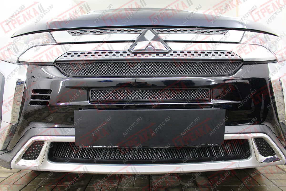 7 349 р. Защита радиатора (3 части с парктроником) Стрелка11 Стандарт  Mitsubishi Outlander  GF (2018-2022) 3-ий рестайлинг (черная)  с доставкой в г. Кемерово