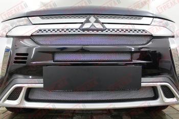 Защита радиатора (3 части с камерой и парктроником) Стрелка11 Стандарт Mitsubishi Outlander  GF (2018-2022) 3-ий рестайлинг (хром)