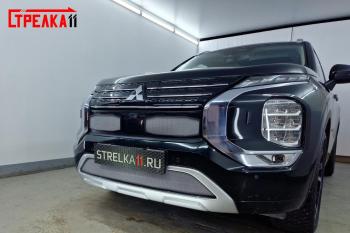 Защита радиатора (3 части, с парктроником) Стрелка11 Стандарт Mitsubishi Outlander  GF (2018-2022) 3-ий рестайлинг (хром)