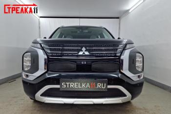 7 649 р. Защита радиатора (3 части, с парктроником) Стрелка11 Стандарт  Mitsubishi Outlander  GF (2018-2022) 3-ий рестайлинг (хром)  с доставкой в г. Кемерово. Увеличить фотографию 3