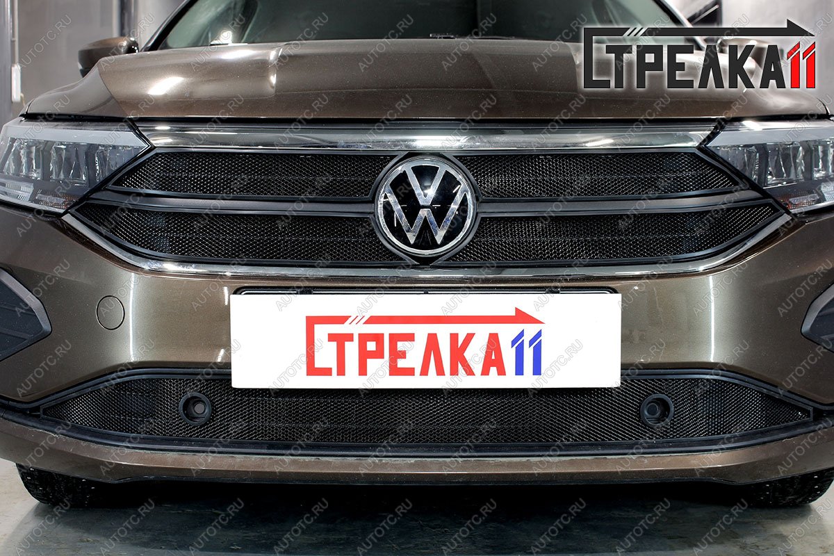 2 899 р.  Защита радиатора (низ с парктрониками) Стрелка11 Стандарт Volkswagen Polo Mk6 лифтбек (2020-2022) (черная)  с доставкой в г. Кемерово