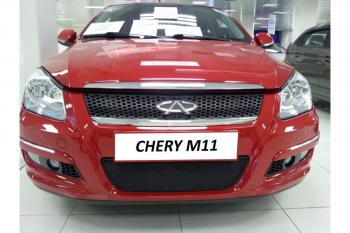 759 р. Зимняя заглушка решетки радиатор (низ с парктроником) Стрелка11 Chery M11 A3 седан (2010-2016) (черная)  с доставкой в г. Кемерово. Увеличить фотографию 3
