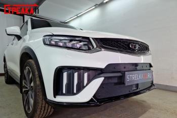 759 р. Зимняя заглушка решетки радиатора (верх с камерой) Стрелка11 Geely Tugella FY11,HPBA4 дорестайлинг (2019-2023) (черная)  с доставкой в г. Кемерово. Увеличить фотографию 3