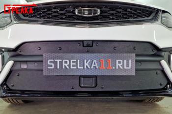 759 р. Зимняя заглушка решетки радиатора (низ с датчиками) Стрелка11 Geely Tugella FY11,HPBA4 рестайлинг (2022-2025) (черная)  с доставкой в г. Кемерово. Увеличить фотографию 2