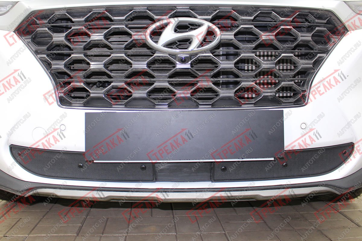759 р. Зимняя заглушка решетки радиатора (с датчиком ACC низ) Стрелка11 Hyundai Santa Fe TM дорестайлинг (2018-2021) (черная)  с доставкой в г. Кемерово