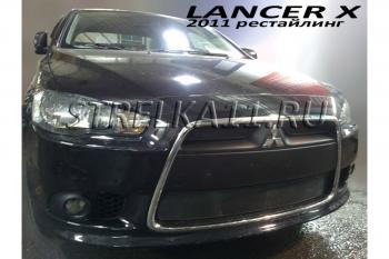 759 р. Зимняя заглушка решетки радиатора (верх) Стрелка11 Mitsubishi Lancer 10 CY седан рестайлинг (2011-2017) (черная)  с доставкой в г. Кемерово. Увеличить фотографию 2