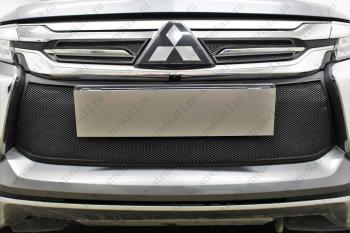 759 р. Зимняя заглушка решетки радиатора (низ с парктроником) Стрелка11 Mitsubishi Pajero Sport QE дорестайлинг (2015-2021) (черная)  с доставкой в г. Кемерово. Увеличить фотографию 2