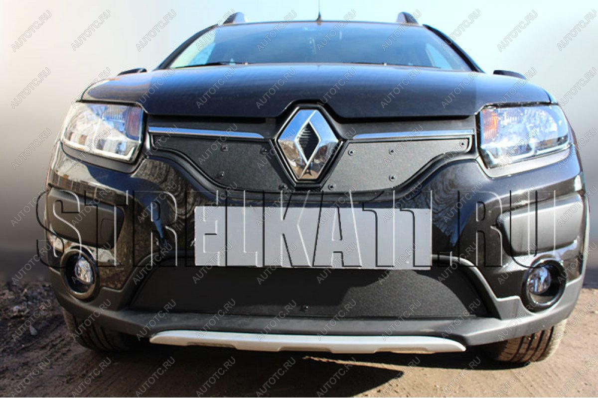 759 р. Зимняя заглушка решетки радиатора (верх) Стрелка11 Renault Logan 2 дорестайлинг (2014-2018) (черная)  с доставкой в г. Кемерово