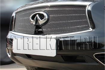 Защита радиатора (верх с вырезом под камеру) Стрелка11 Премиум INFINITI QX70 S51 (2013-2020) (черная)