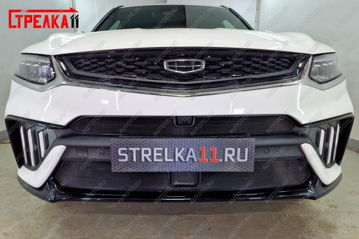 3 199 р. Защита радиатора (низ, с датчиками) Стандарт Geely Tugella FY11,HPBA4 рестайлинг (2022-2025) (черная)  с доставкой в г. Кемерово