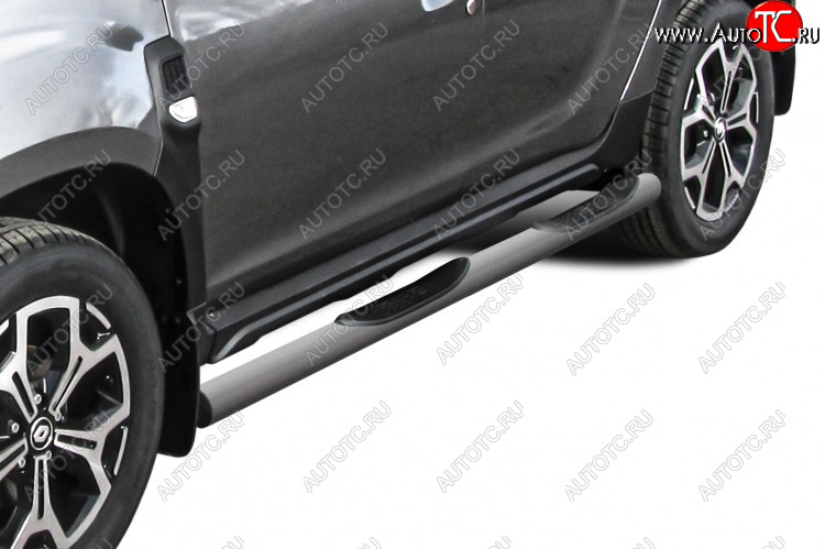 12 399 р. Защита порогов Slitkoff (Ø76 мм, с проступями) Renault Duster HM рестайлинг (2021-2024) (Сталь окрашенная, цвет серебристый)  с доставкой в г. Кемерово