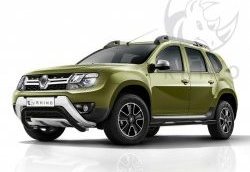 9 199 р. Защита переднего бампера (Ø63 мм волна, окрашенная) SLITKOFF  Renault Duster  HS (2015-2021) рестайлинг (черный муар)  с доставкой в г. Кемерово. Увеличить фотографию 1