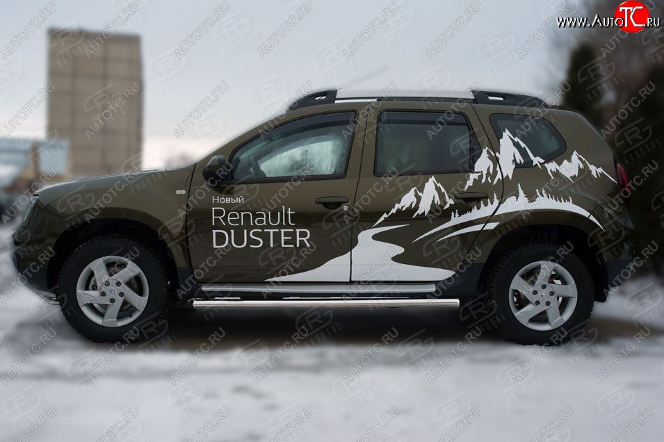 5 899 р. Защита порогов из круглой трубы диаметром 63 мм Russtal v23  Renault Duster  HS (2015-2021) рестайлинг (Сталь с полимерным покрытием. Цвет: серебристый)  с доставкой в г. Кемерово
