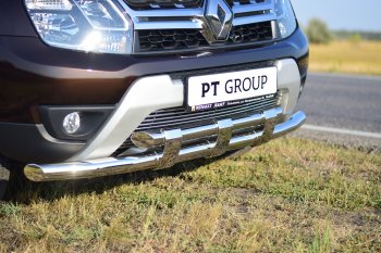 Защита переднего бампера двойная с пластинами из труб d63/63 мм Petroil Tuning Renault Duster  HS (2010-2021) дорестайлинг, рестайлинг (Нержавеющая полированная сталь)