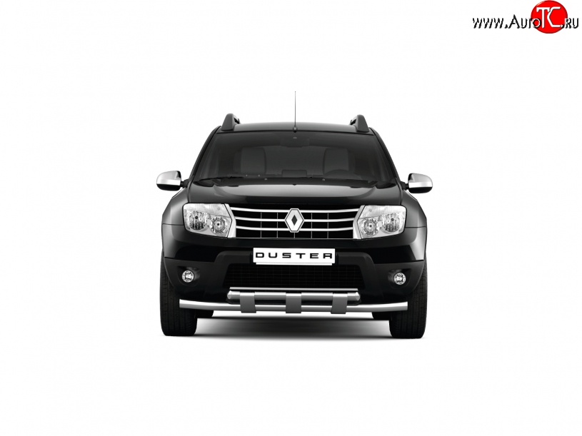 27 199 р. Защита переднего бампера PT GROUP двойная с пластинами Ø63/63мм (НПС) RENAULT Duster 2016-  Renault Duster  HS (2015-2021) рестайлинг (Нержавеющая полированная сталь)  с доставкой в г. Кемерово