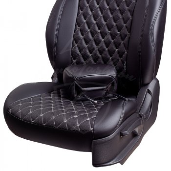 13 949 р. Чехлы для сидений Lord Autofashion Байрон (экокожа, сплошная спинка, 2 П- и 1 Г-образных подголовника) Renault Logan 1 дорестайлинг (2004-2010) (Черный, вставка черная, строчка серая)  с доставкой в г. Кемерово. Увеличить фотографию 6