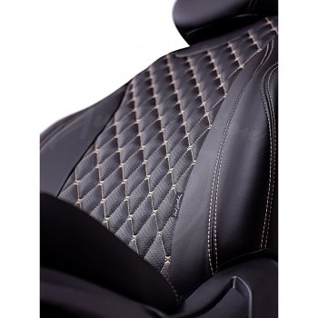 13 949 р. Чехлы для сидений Lord Autofashion Байрон (экокожа, 60/40, 2 П- и 1 Г-образных подголовника)  Renault Logan  2 - Sandero  (B8) (Черный, вставка черная, строчка бежевая)  с доставкой в г. Кемерово. Увеличить фотографию 2