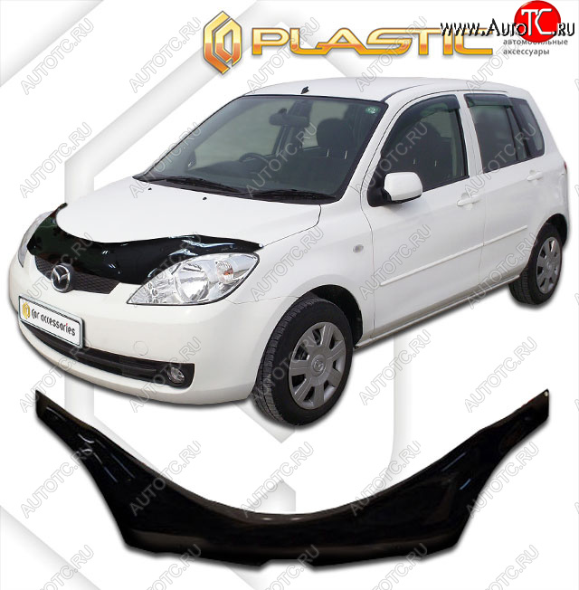 2 799 р. Дефлектор капота (exclusive) CA-Plastic  Mazda Demio  2 DY (2005-2007) рестайлинг (Classic чёрный, Без надписи)  с доставкой в г. Кемерово