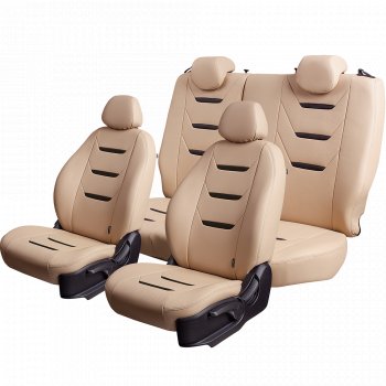 10 299 р. Чехлы для сидений (комплектация Ambition без подлокот-ка) Lord Autofashion Турин 2 (экокожа)  Skoda Octavia  A7 (2012-2020) дорестайлинг лифтбэк, дорестайлинг универсал, рестайлинг лифтбэк, рестайлинг универсал (Бежевый/Бежевый/Чёрный/Бежевый)  с доставкой в г. Кемерово. Увеличить фотографию 2