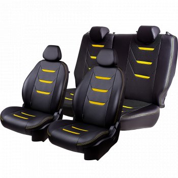 9 199 р. Чехлы для сидений (комплектация Ambition без подлокот-ка) Lord Autofashion Турин 2 (экокожа)  Skoda Octavia  A7 (2012-2020) дорестайлинг лифтбэк, дорестайлинг универсал, рестайлинг лифтбэк, рестайлинг универсал (Чёрный/Чёрный/Жёлтый/Жёлтый)  с доставкой в г. Кемерово. Увеличить фотографию 2