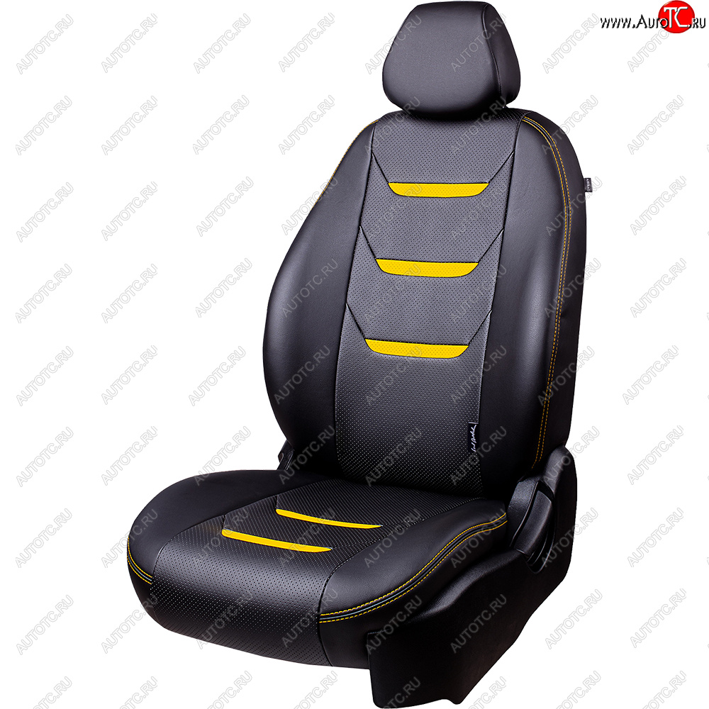 9 199 р. Чехлы для сидений (комплектация Ambition без подлокот-ка) Lord Autofashion Турин 2 (экокожа)  Skoda Octavia  A7 (2012-2020) дорестайлинг лифтбэк, дорестайлинг универсал, рестайлинг лифтбэк, рестайлинг универсал (Чёрный/Чёрный/Жёлтый/Жёлтый)  с доставкой в г. Кемерово
