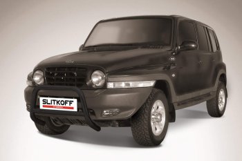 Защита переднего бампера Slitkoff (низкая, d57 мм) ТАГАЗ Tager  5d (2008-2012) (Сталь с полимерным покрытием. Цвет: чёрный)