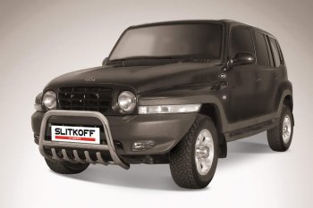 Защита переднего бампера Slitkoff (низкая с защитой картера, d57 мм) ТАГАЗ Tager  5d (2008-2012) (Нержавейка)