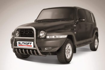 Защита переднего бампера Slitkoff (высокая с защитой картера, d57 мм) ТАГАЗ Tager  5d (2008-2012) (Нержавейка)