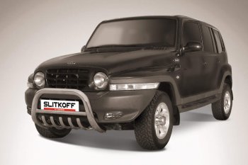 Защита переднего бампера Slitkoff (низкая с защитой картера, d76 мм) ТАГАЗ Tager  5d (2008-2012) (Нержавейка)