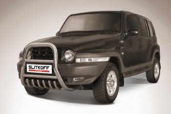 Защита переднего бампера Slitkoff (высокая с защитой картера, d76 мм) ТАГАЗ Tager  5d (2008-2012) (Нержавейка)