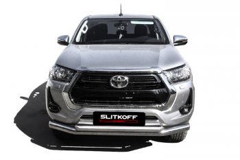 22 699 р. Защита переднего бампера Slitkoff (Ø 76+Ø 57, двойная).  Toyota Hilux  AN120 (2017-2020) 1-ый рестайлинг (Нержавеющая сталь)  с доставкой в г. Кемерово. Увеличить фотографию 2