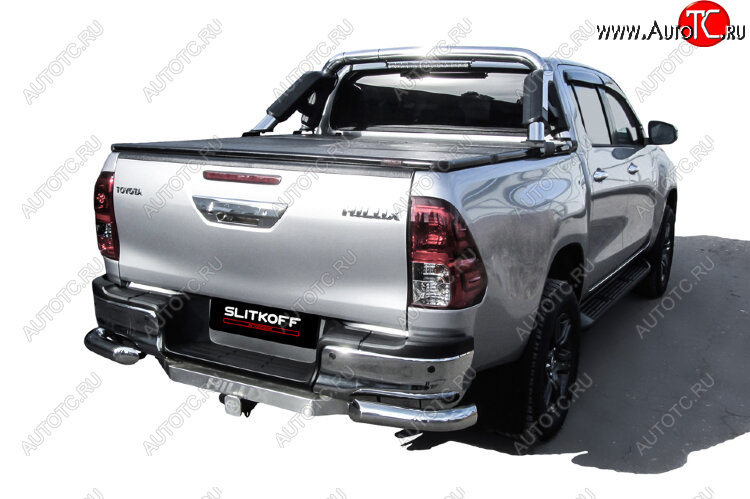 12 999 р. Защита заднего бампера Slitkoff (Ø 76 мм, уголки)  Toyota Hilux  AN120 (2017-2020) 1-ый рестайлинг (Нержавеющая сталь)  с доставкой в г. Кемерово
