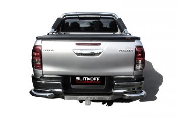 12 999 р. Защита заднего бампера Slitkoff (Ø 76 мм, уголки)  Toyota Hilux  AN120 (2017-2020) 1-ый рестайлинг (Нержавеющая сталь)  с доставкой в г. Кемерово. Увеличить фотографию 2